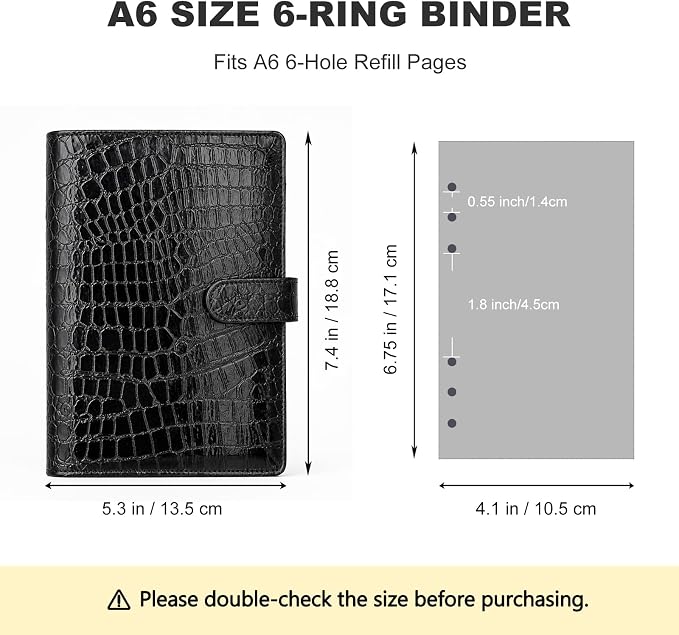 Convend A6/A5 Refillable 6 Ring Faux Leather Budget Binder,Mini Notebook Binder Cover for A5 Filler Paper,Loose Leaf Personal Planner Cover with Magnetic Buckle Closure(Crocodile-Black)