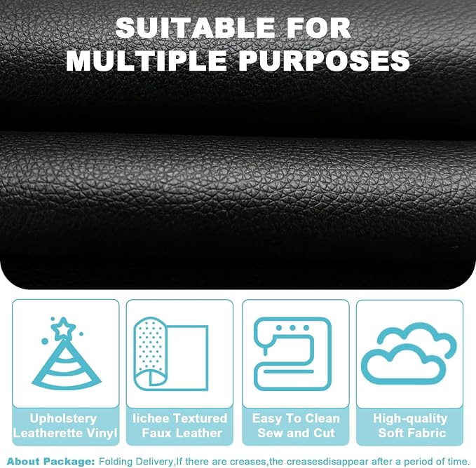 Black Faux Leather Fabric 19"x54" - Lychee Grain Waterproof Vinyl Leather, Heavy Duty Material for Furniture Upholstery, Marine Inspired Boat Seats, Car Interior and DIY Craft Projects