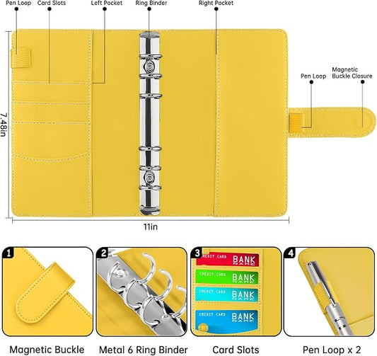 Antner A6 Notebook Binder Refillable 6 Ring Budget Binder Cover for A6 Refill Paper, PU Leather Budget Planner Organizer with Magnetic Buckle, Loose Leaf Personal Planner, Lemon Yellow