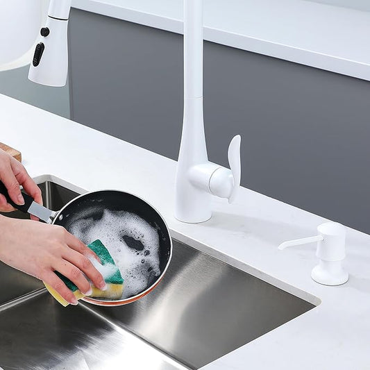 White Sink Soap Dispenser for Kitchen Sink (White), Built-in and Refill-from-Top Design with Liquid Hand & Dish Soap Bottle