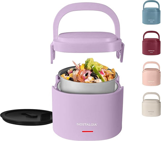 Nostalgia Portable Heated Lunch Box – 2.5-Cup Stainless Steel Food Warmer – Detachable Cord, Leak-Proof Lid, Carry Handle – Portable for Work & Travel – Lavender