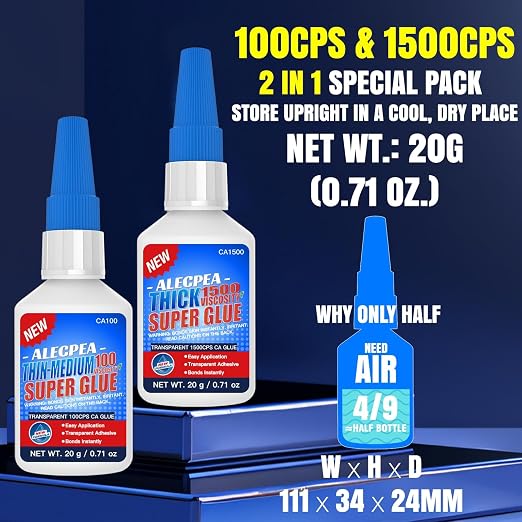 40g(1.4oz) 100/1500 CPS (Thin/Thick) CA Glue, Cyanoacrylate Super Glue for Wood, Glass, Metal, Paper, Leather, Plastic, Ceramic, Rubber, Jewelry, Woodworking, Hobby Models, and Craft Project