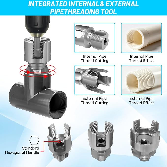 3pcs Pvc Pipe Threader Kit,Dual-Function Integrated Internal & External Pipe Threading Tool For 1/2" & 3/4"& 1" Pvc/Plastic Pipes,Electric Drill Compatible For Home Repair(1/2"+3/4"+1")