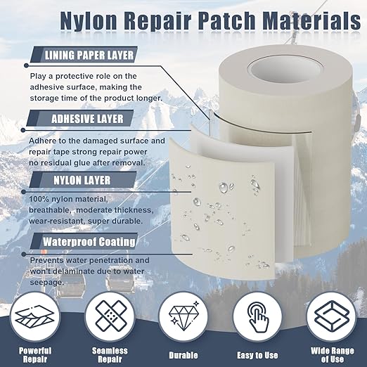 Cahomo 7.9x3.9 inch 12 PCS Nylon Repair Patch Nylon Repair Tape Self Adhesive Fabric Tapes Outdoor Camping Gear Fabric kit for Tent, Umbrella, Down Jackets, Sleeping Bag, Knapsack（Light Gray）