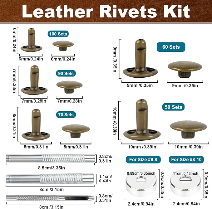 Domthent Leather Rivets Kit, 370 Sets Brass Double Cap Rivets with Full-Size Leather Working Tools for 5 Sizes, Perfect for Leather Crafting, Clothing, Bag, Shoe Repair and DIY Decoration (Bronze)