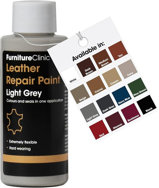 Furniture Clinic Leather Repair Paint | 2-in-1 Seal and Color | Use on Scratches, Tears, and Holes in Car Seats, Furniture | Quick and Easy Leather Repair Kit for Furniture (Light Grey, 50ml / 1.7oz)