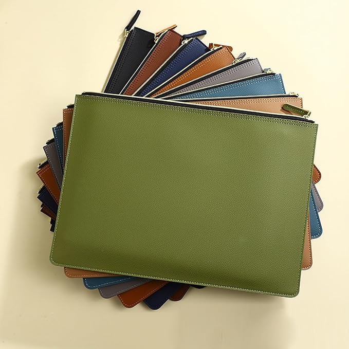 PU Leather A4 File Folder Zipper Document Holder Envelope Folder Case for Receipt Contract (Green)