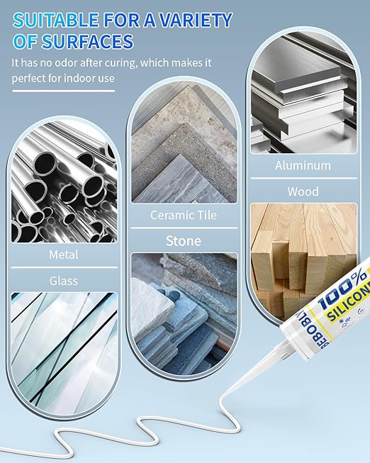 White Silicone Caulk & Sealant, 100% Waterproof Silicone Sealant Caulking, Shrink & Crack Proof, Silicone Caulking for Kitchen, Bathroom, RV, Interior & Exterior Use, 10.2 FL. OZ/300ML, 4 Pack