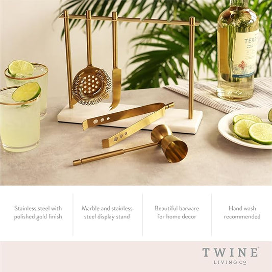 Twine Bar Tool Set Includes Hawthorne Strainer, Citrus Knife, Ice Tongs, Double Jigger with Marble Display Stand for Classic Cocktails and Cold Brew Drinks, Home Bar Cart Accessories, 4-Piece, Gold