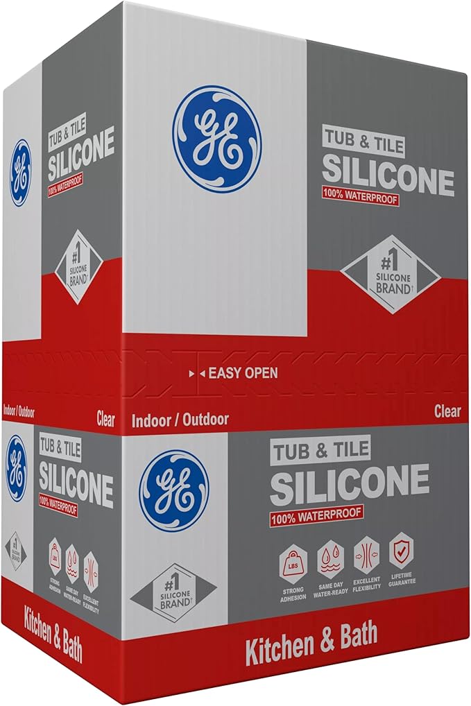 GE Tub and Tile Silicone Caulk for Kitchen and Bathroom -100% Waterproof Silicone Paste, Excellent Flexibility, Shrink and Crack Resistant - 10oz Cartridge, Clear, Pack of 12