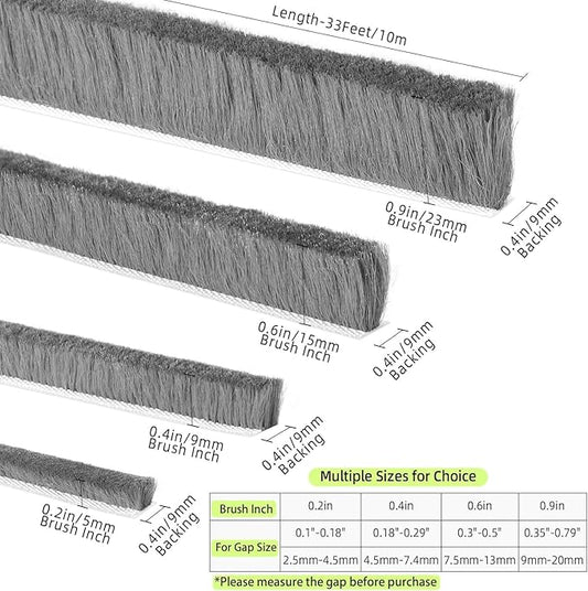 ZOMPAGO Strong Adhesive Brush Weather Stripping & Seal Strip, 0.2in Thick x 0.4in(W) x 33FT Grey - for Sliding Windows & Exterior Doors, Soundproof/Dustproof/Windproof, Warm Insulation, Waterproof