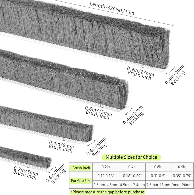 ZOMPAGO Strong Adhesive Brush Weather Stripping 0.6in (T）x 0.4in (W) x 33FT, Grey, Door Seal for Sliding Windows & Doors, Soundproof Noise Blocker, Draft Stopper for Garage Door Frame & Exterior Doors