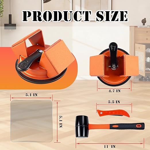 Floor Gap Fixer Tool with Rubber Hammer & Adhesive Pads, Laminate Vinyl Flooring Suction Cup Repair Tool for Closing Floor Gaps, Professional Flooring Installation Kit (Orange)