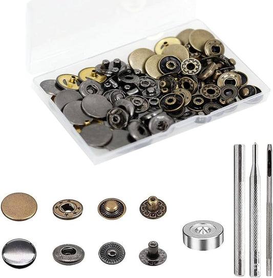 BetterJonny 24 Sets Heavy Duty Leather Snap Fasteners Kit, 20mm Metal Snap Buttons Press Studs Leather Rivets Snaps with 4 Setter Tools for Clothes Bracelet Jackets Jeans, 2 Color