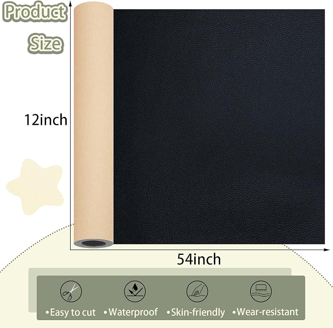 Black Leather Repair Patch Tape, 12×54 Inch Self Adhesive Leather Repair Kit Vinyl Repair Tape for Furniture, Sofa Leather Repair Patch Waterproof for Car Seat, Office Chair, Boat Cover 1 Roll