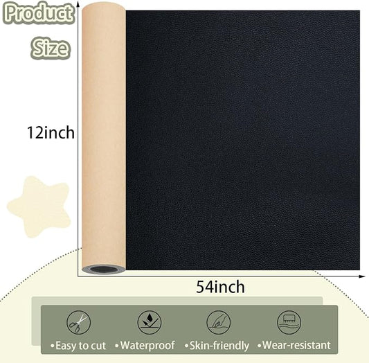 Black Leather Repair Patch Tape, 12×54 Inch Self Adhesive Leather Repair Kit Vinyl Repair Tape for Furniture, Sofa Leather Repair Patch Waterproof for Car Seat, Office Chair, Boat Cover 1 Roll