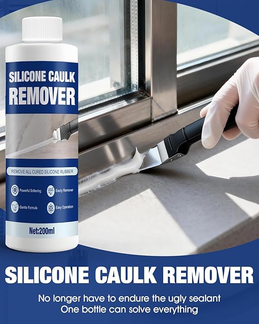 Caulk Remover, Silicone Caulk Remover, Stronger and Specialized Formula, Safer Around Family, with 3 in 1 Remove Scraper, Easily Remove from Surfaces Like Bathtubs, Showers, Windows, Kitchens, 200ml
