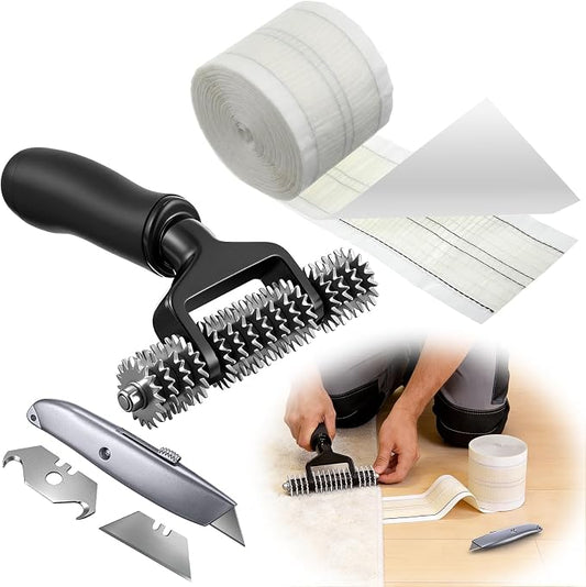 Dreyoo Upgraded Carpet Repair Kit with 5" Star Wheel Seam Roller, 4" x 30ft Carpet Seam Tape & Heavy Duty PVC Pipe Cutter, Heatless Carpets Patching Tools for DIY Home/Office Floor Maintenance
