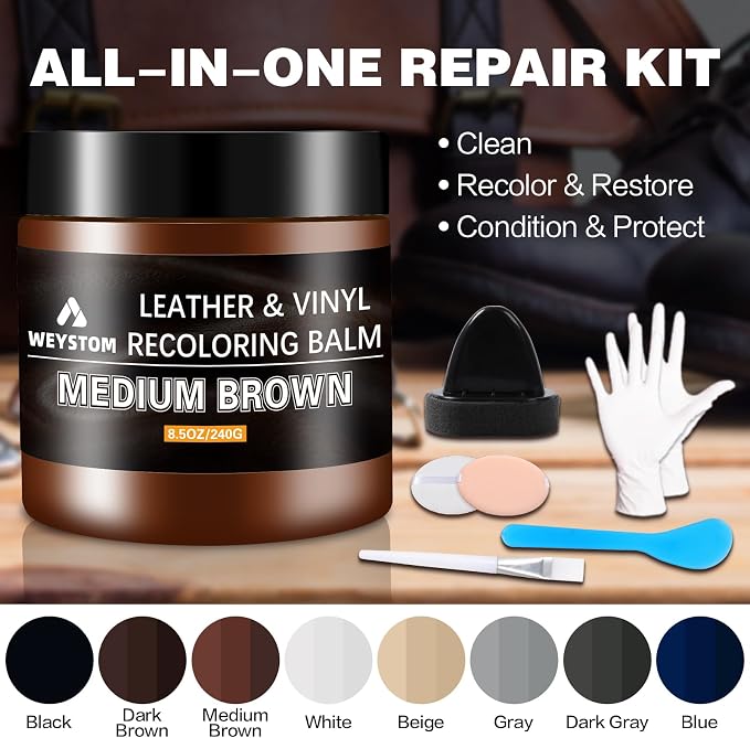 Leather Recoloring Balm - Medium Brown Leather Repair Kit for Furniture, Dye, Recolor, Renew, Repair & Restore Aged, Faded, Cracked, Peeling and Scuffed