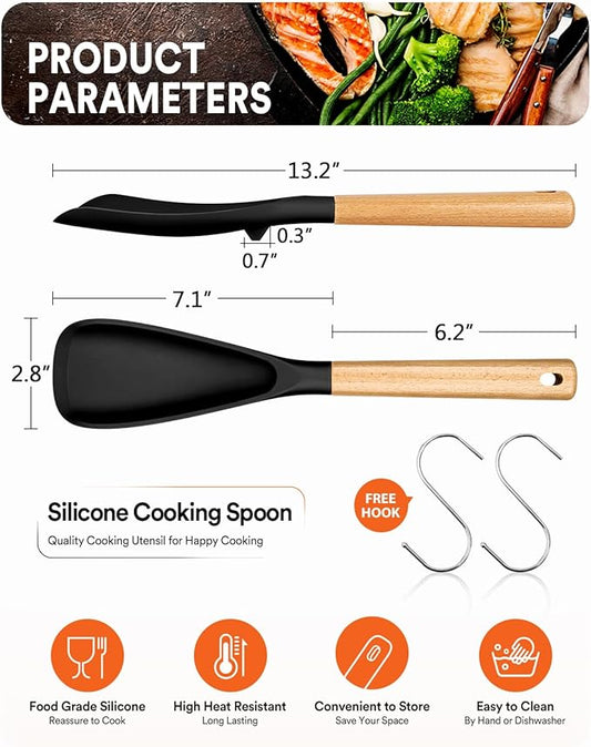 Cooking Spoon for Nonstick Cookwares, Great for Cooking and Serving Sturdy BPA-Free Matte Silicone, Wood Handle Spoon for Mixing, Scoop, and Scrape (Black & Red, 13.4 inch)