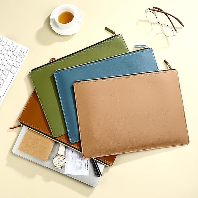 PU Leather A4 File Folder Zipper Document Holder Envelope Folder Case for Receipt Contract (Khaki)