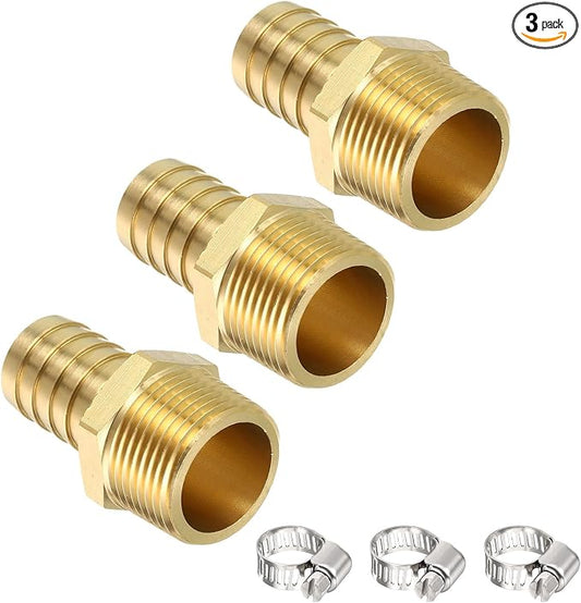 Pack of 3 Brass Hose Barb Fittings 3/4" Hose Barb to 3/4" NPT Male Fittings with 3pcs Stainless Steel Hose Clamps for Home Machines, Massage Bathtubs, and Irrigation Systems