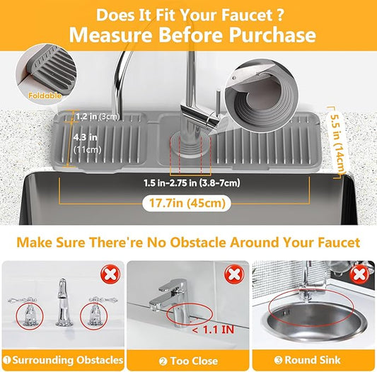 17.7'' Faucet Mat for Kitchen Sink Splash Guard[7° Slope Fast Self-draining][Snap Lock Fit] Folding Kitchen Sink Faucet Mat Splash Guard Kitchen Sink Area Water Splash Guard Behind Faucet Draining Mat