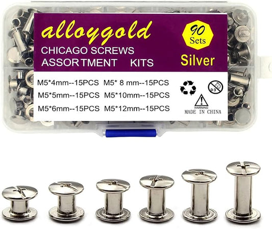 Silver Chicago Screws Leather Kit, 6 Sizes (M5 X 4, 5, 6, 8, 10, 12) | 90 Sets, Screw Rivets, For DIY Leather Craft, For Bookbinding