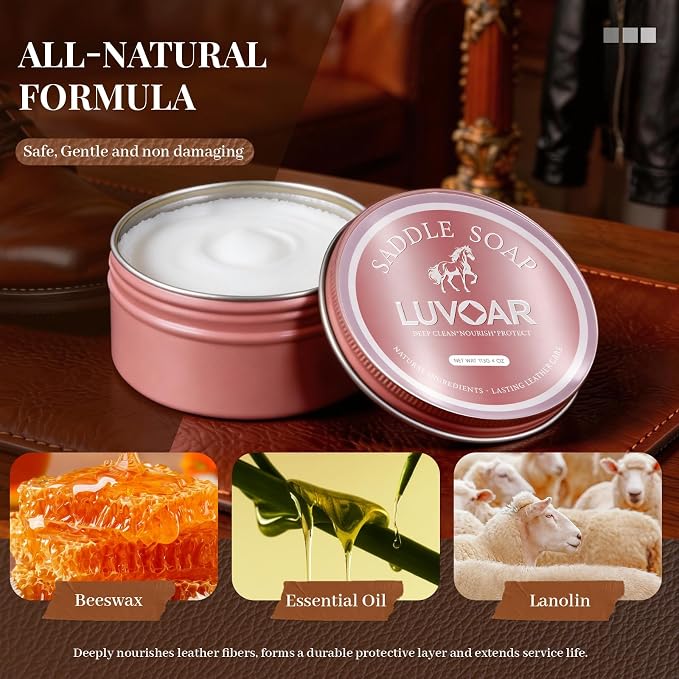 Saddle Soap for Leather 4oz - Premium Leather Cleaner & Conditioner to Clean, Soften, Protect Leather, Ideal for Saddles, Shoes, Couch, Car Seats, Purses & All Leather Products