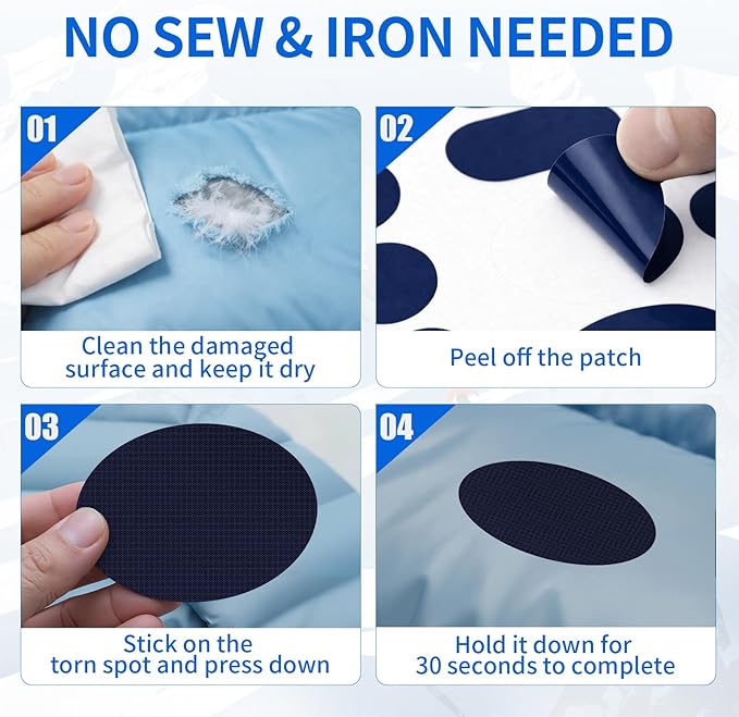 Waterproof Self-Adhesive Nylon Fabric Repair Tape - Tent Repair Kit,48pcs Fabric Patches for Tent, Jacket, Clothes, Puffer Down Jacket,Sleeping Bag, Outdoor Gear Tenacious Repairs Tape, Dark Blue