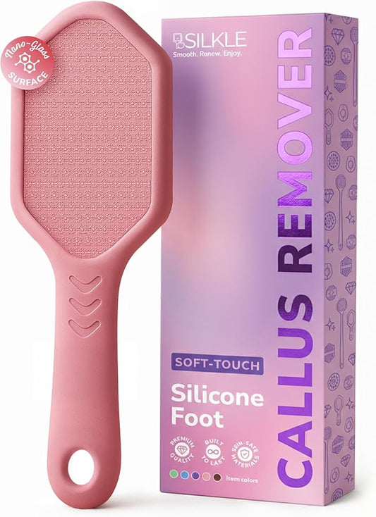 SILKLE Nano Glass Foot File - Silicone Foot Callus Remover for Feet and Cracked Heels - Heel Scraper for Dead Skin - Ergonomic Foot Scrubber & Exfoliator for Shower with Non-Slip Grip - Pink