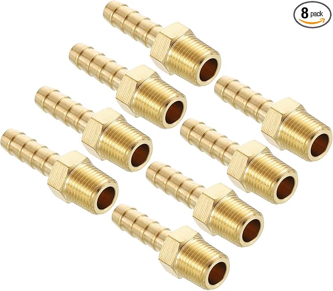 Pack of 8 Brass Hose Barb Fittings Adapter Connector 1/4" Hose Barb to 1/8" NPT Male Fittings for Home Machines, Massage Bathtubs, and Irrigation Systems