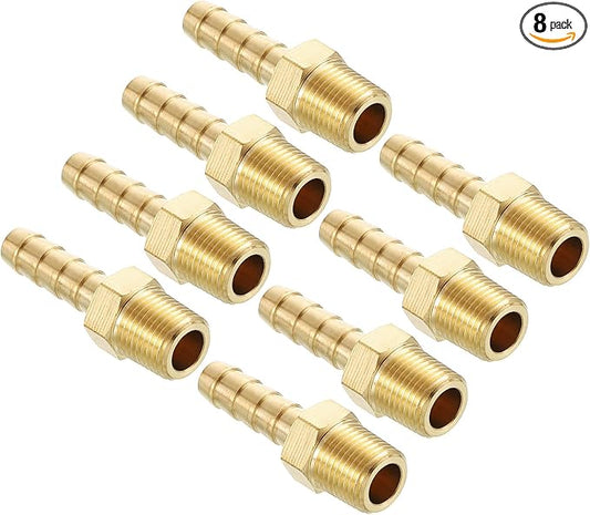 Pack of 8 Brass Hose Barb Fittings Adapter Connector 1/4" Hose Barb to 1/8" NPT Male Fittings for Home Machines, Massage Bathtubs, and Irrigation Systems