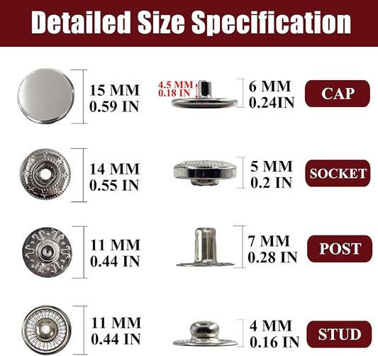 Raydodo 12 Set Leather Snap Fasteners Kit, 15mm Metal Snap Buttons Kit Press Studs with 4 Install Tools, Rivets and Snaps for Clothing, Jeans, Jackets, Bracelets, Bags (Silver)