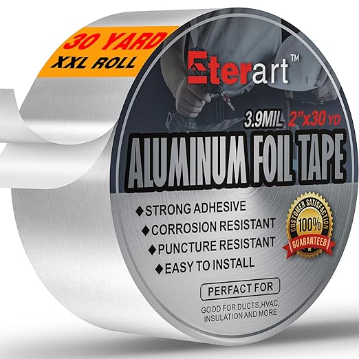 ETERART Aluminum Foil Duct Tape Heavy Duty,High Temperature Sealing and Patching,for HVAC,Air Ducts,Metal Repair, Foamboard,Insulation,Dryer Vent and More,2 Inch x 30 Yards,Silver