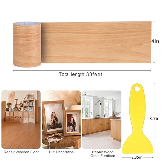 4" X33' Size Realistic Wood Grain Repair Tape, Self Adhesive Wood Grain Repair Patch for Tables, Chairs, Doors, Windows, Floors, Furniture Renovation, Handicraft DIY. & Plastic Scraper. Natural Oak