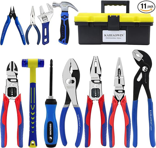 KAIHAOWIN 11-Piece Home Tool Kit with Carry Case - CR-V Steel Pliers Set, Wrench, Hammer, Screwdriver & Wire Cutter for DIY Repair, Automotive, Plumbing & Household Maintenance