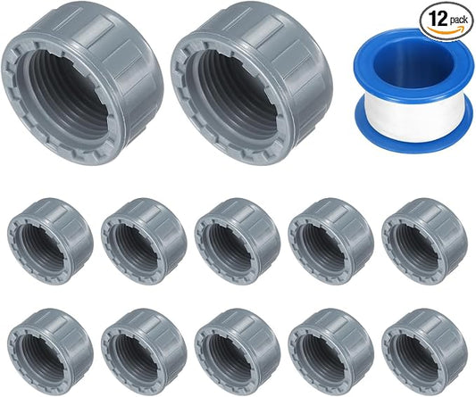 uxcell 12Pcs 3/4 Inch PT Female Thread PVC Pipe Fitting Cap, Cleanout Water Drain End Caps, Pipe Plug Socket Fittings with Tape for Water Heater Supply Lines, Plumbing, Gray