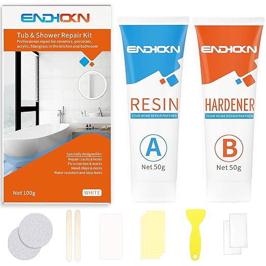 Bath Repair Kit White, Endhokn Enamel, Porcelain, Acrylic, Fiberglass, Ceramic Sink, Tub Tile Toilet Shower Kit & Tray & Chip & Pedestal Crack Hole Scratches Repair