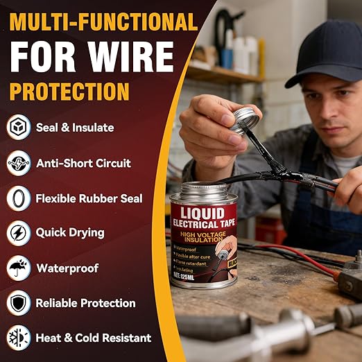 Liquid Electrical Tape – Black Liquid Wire Insulation, Waterproof & Heat Resistant Coating for Cable Repair and Electrical Sealing, Ideal for Home Flexible Wire Equipment Repair, Automotive