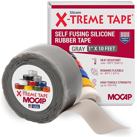 X-Treme Tape MOCAP Heavy Duty Electrical Tape, Self-Fusing Silicone Rubber, Waterproof & Insulating Flexible Tape, Electrical for Hose, Automotive, Outdoor & Repairs - 1" x 10ft Roll - Grey