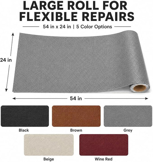 Self Adhesive Leather Repair Patch 24x54 Inch, Large Vinyl Repair Kit，Grey | Leather Tape for Furniture, Couch, Sofa, Car Seats. Waterproof, Strong Adhesion, Easy Cut Pleather Patch Waterproof Scratch