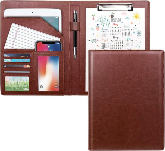 Leather Business/Resume Portfolio Organizer with Legal Pad Folder Clipboard, Interview Folder for Men/Women, Brown