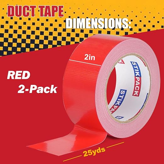 2 Rolls Red Duct Tape, Heavy Duty Strong Industrial Colored Duct Tape 9mil x 2inch x 25yds Flexible, No Residue, Waterproof and Tear by Hand, Multi-Use for Indoor & Outdoor Repairs
