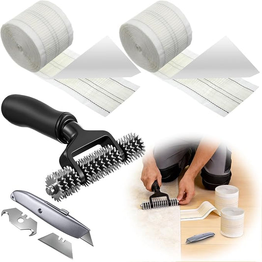 Dreyoo Upgraded Carpet Repair Kit with 5" Star Wheel Seam Roller, 4" x 60ft Carpet Seam Tape & Heavy Duty PVC Pipe Cutter, Heatless Carpets Patching Tools for DIY Home/Office Floor Maintenance