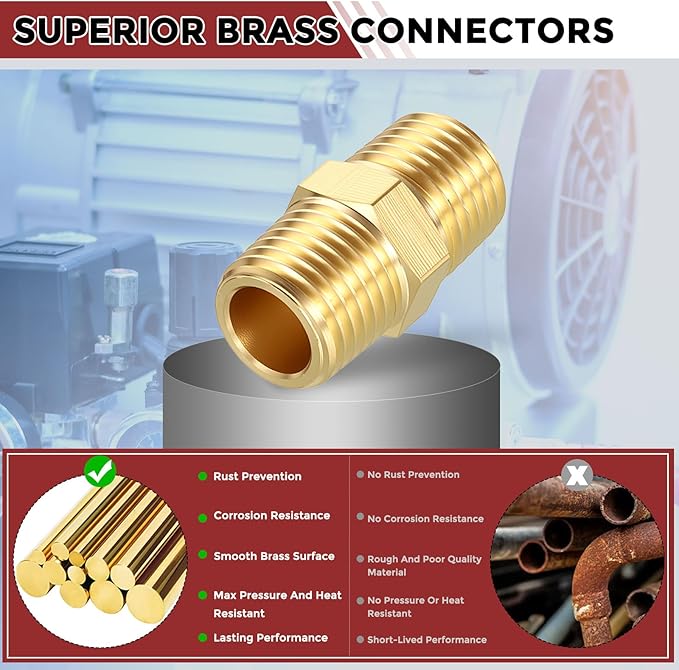 Pack of 10, 1/4" MNPT to 1/4" MNPT Solid Brass Hex Nipple Hose Connectors W/Sealing Tape, Male Pipe Adapter for Pipe Leak Repair, Bathroom Remodeling, Tool Extensions, Compression