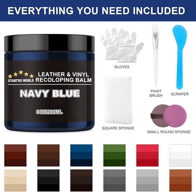 STARTSO WORLD Leather Recoloring Balm, Navy Blue Leather Repair Kit for Furniture, Leather Dye, Leather Color Restorer for Couches, Leather Couch Paint | Repair, Restore & Renew Old, Faded Leather
