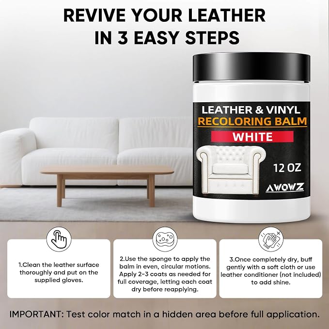 Leather Recoloring Balm, Leather Couch Repair Kit, Leather Restorer for Couches, Leather Scratch Repair, Leather Recoloring Balm for Faded & Scratched Leather Couches (White, 12 OZ)