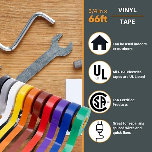 GTSE Mixed Colors Electrical Tape, 120-Pack – Waterproof, Industrial Grade Vinyl, 3/4 in x 66ft– Strong Self-Adhesive PVC Electric Tape for Wire Insulation, 7 Mil, 600V – UL/CSA Listed