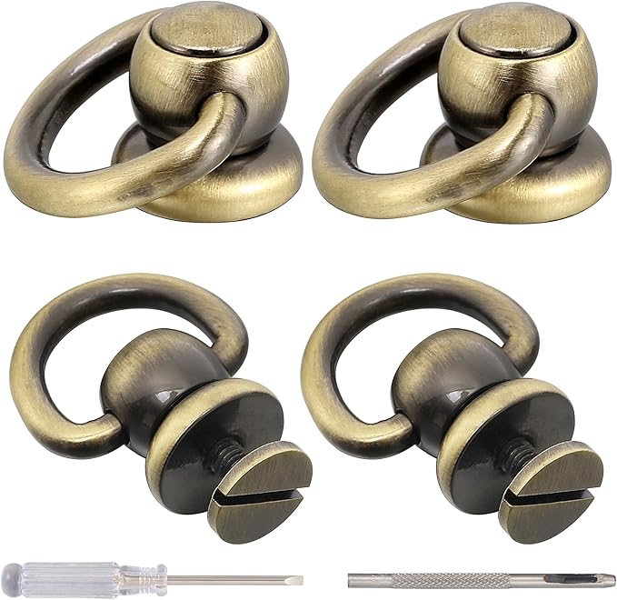 Notgia 4Pcs D Rings for Purse Brass Rivets for Leather Rotatable Purse Strap Hardware Ball Button Studs for Handbag D Rings Chicago Screws for Repair Purse Dog Collar Leather Crafts (Brushed Bronze)
